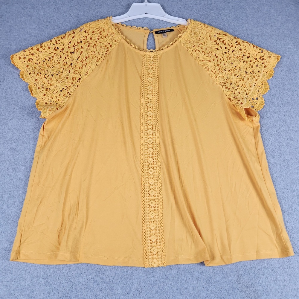 Cable & Gauge Blouse Top Womens XXL Yellow Lace Trim Short Sleeve Cottagecore